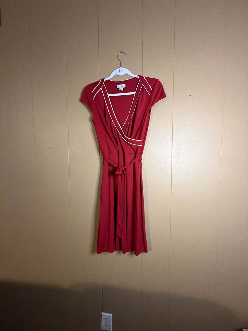 Ann Taylor Loft Red Cap Sleeve Wrap Dress with White Contrast Piping